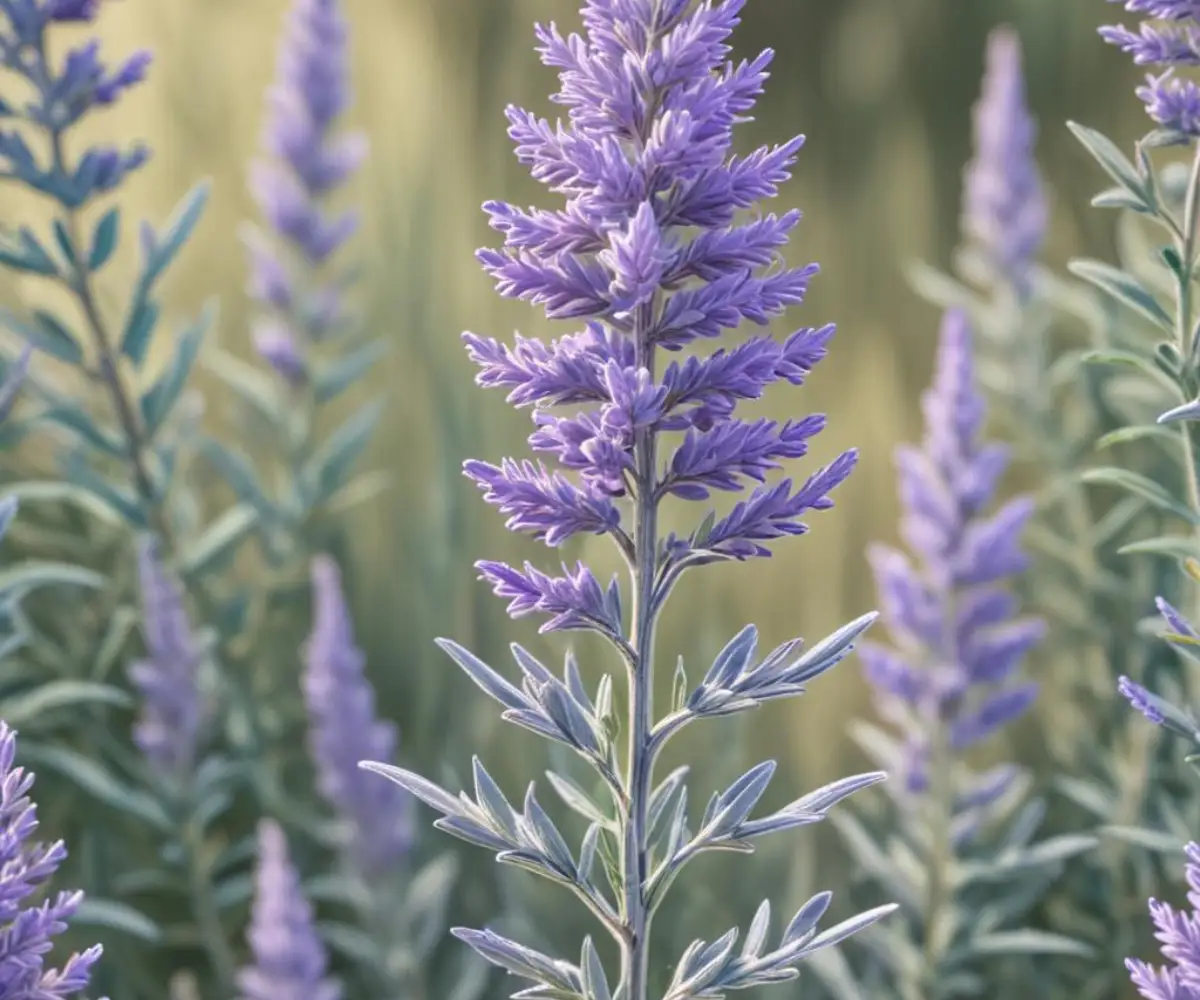 A close-up of a Russian sage plant with silvery-green foliage that has not yet produced its signature lavender-blue flower spikes.