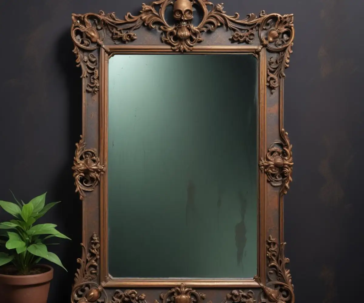 An ornate, rectangular mirror with a heavily rusted and patinated metal frame sits on a dark surface.
