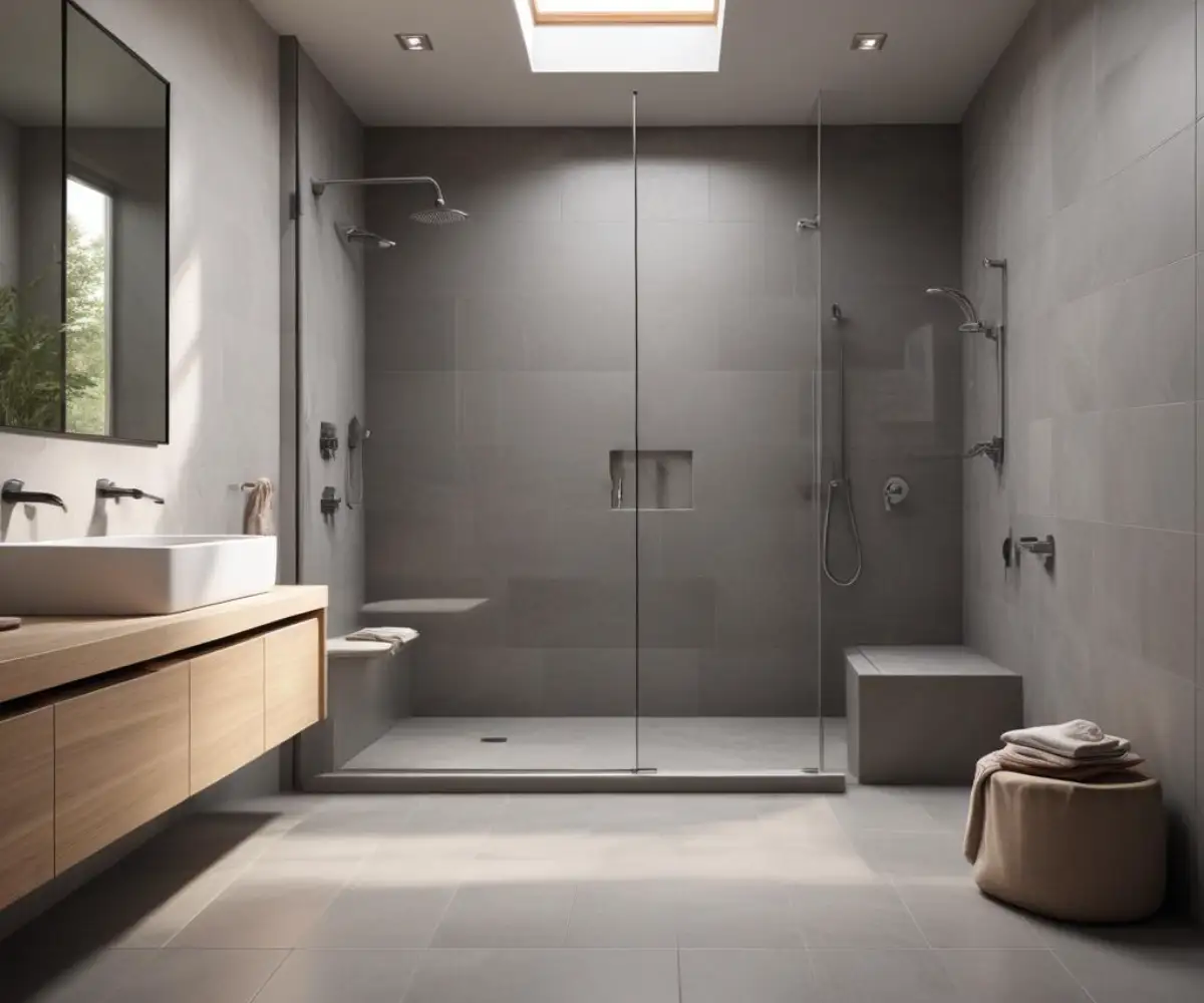 A modern bathroom with large format gray porcelain tiles used continuously on the floor and throughout the walk-in shower.
