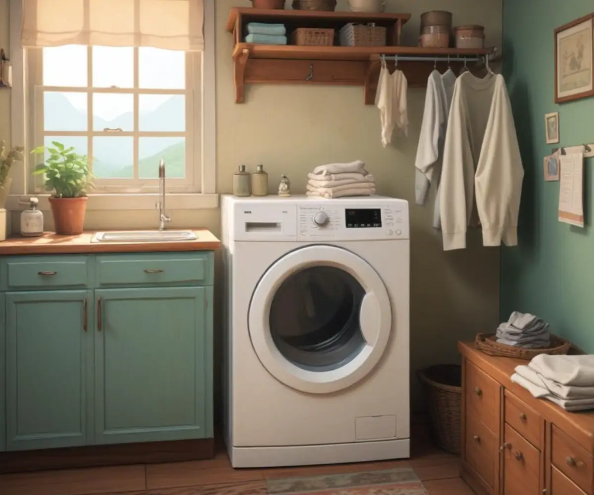 A modern front-load clothes dryer with a digital display showing an error code in a laundry room.