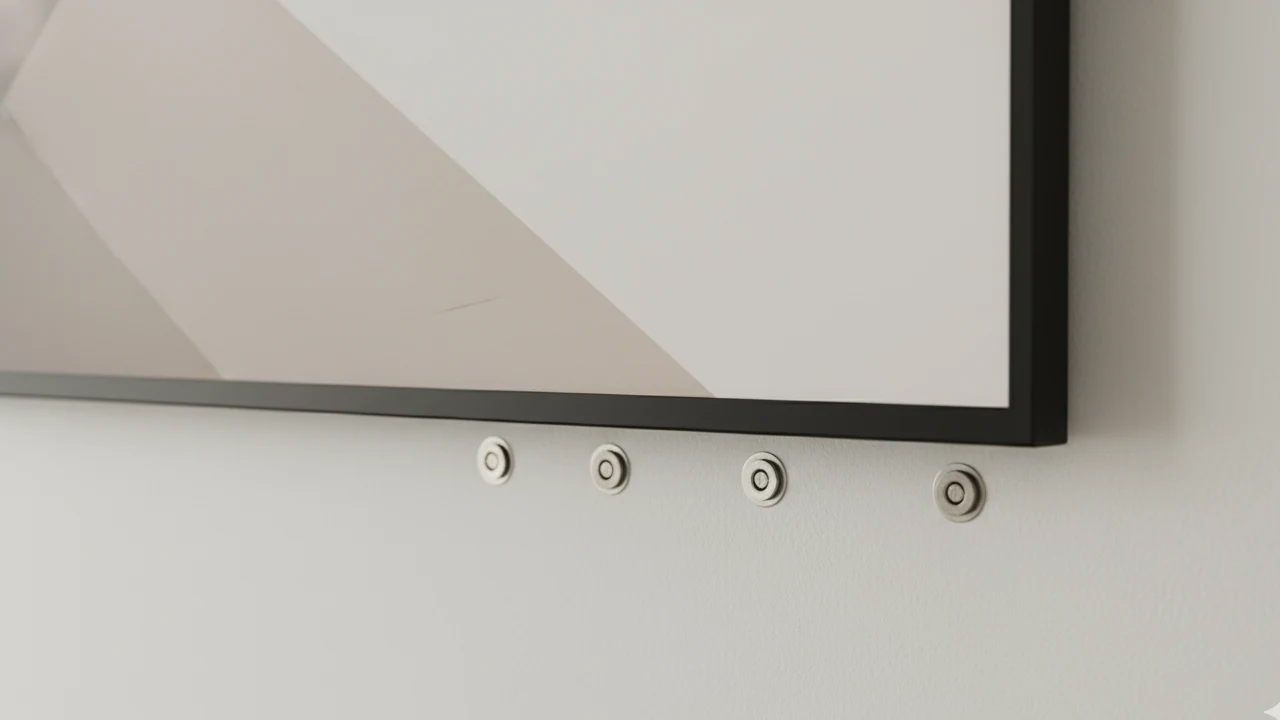 A close-up of a metal toggle bolt drywall anchor installed in a white plaster wall next to a television wall mount.