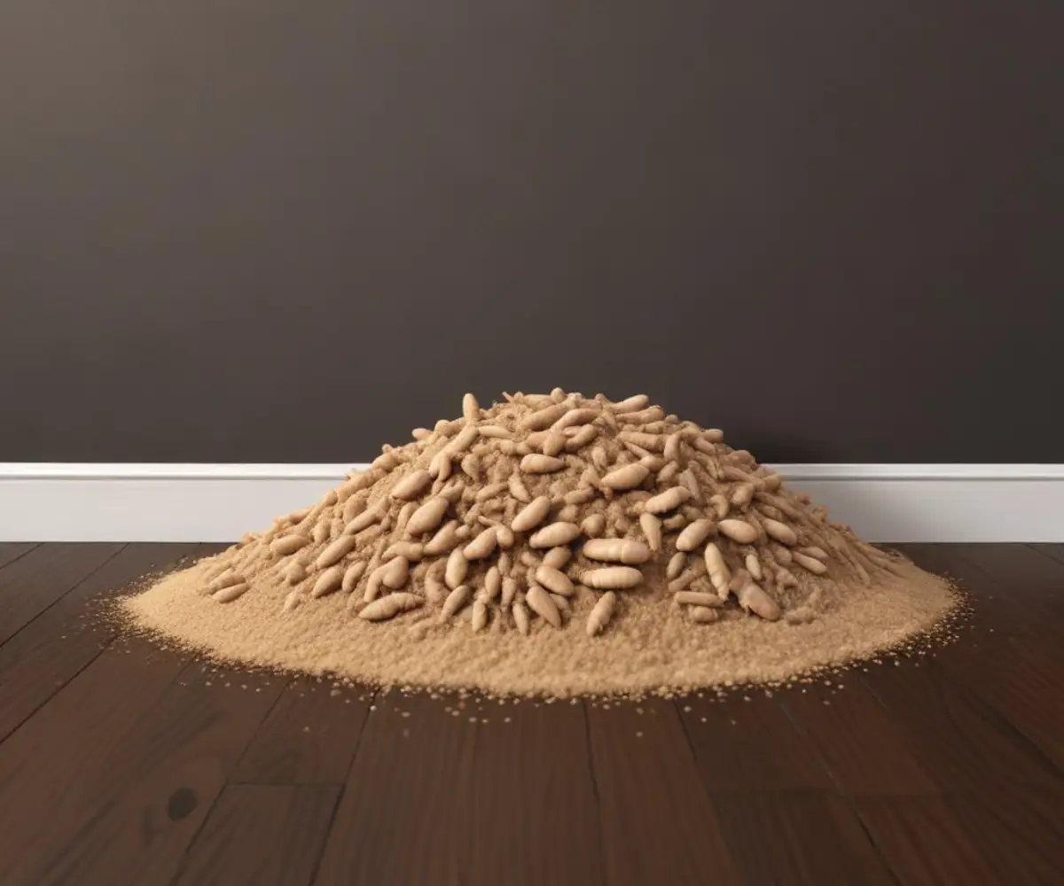 A small pile of light brown, sand-like termite frass on a dark wood floor along a white baseboard.