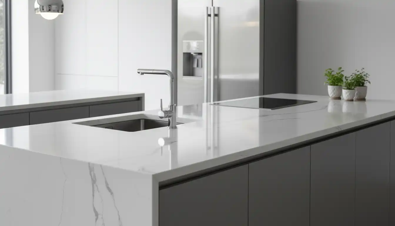 A sleek Santamargherita quartz kitchen countertop with a polished, reflective surface and subtle grey veining.