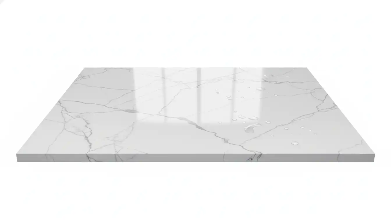 A polished porcelain slab countertop with delicate grey veining on a white background.