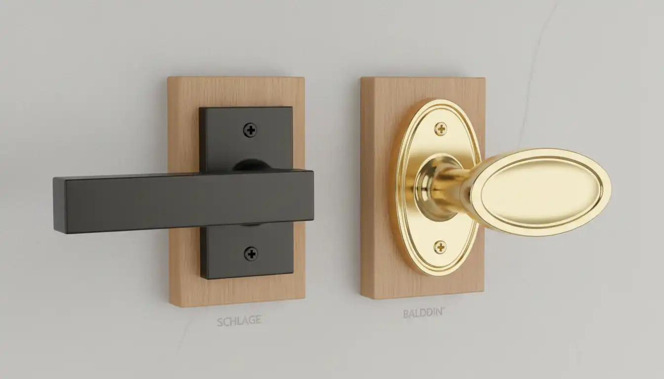 A side-by-side display of a matte black Schlage door lever and a polished brass Baldwin door lever on a neutral background.