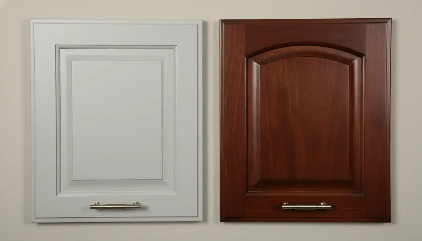 Side-by-side comparison of a light gray shaker-style Schrock kitchen cabinet door and a dark cherry wood Kraftmaid cabinet door.