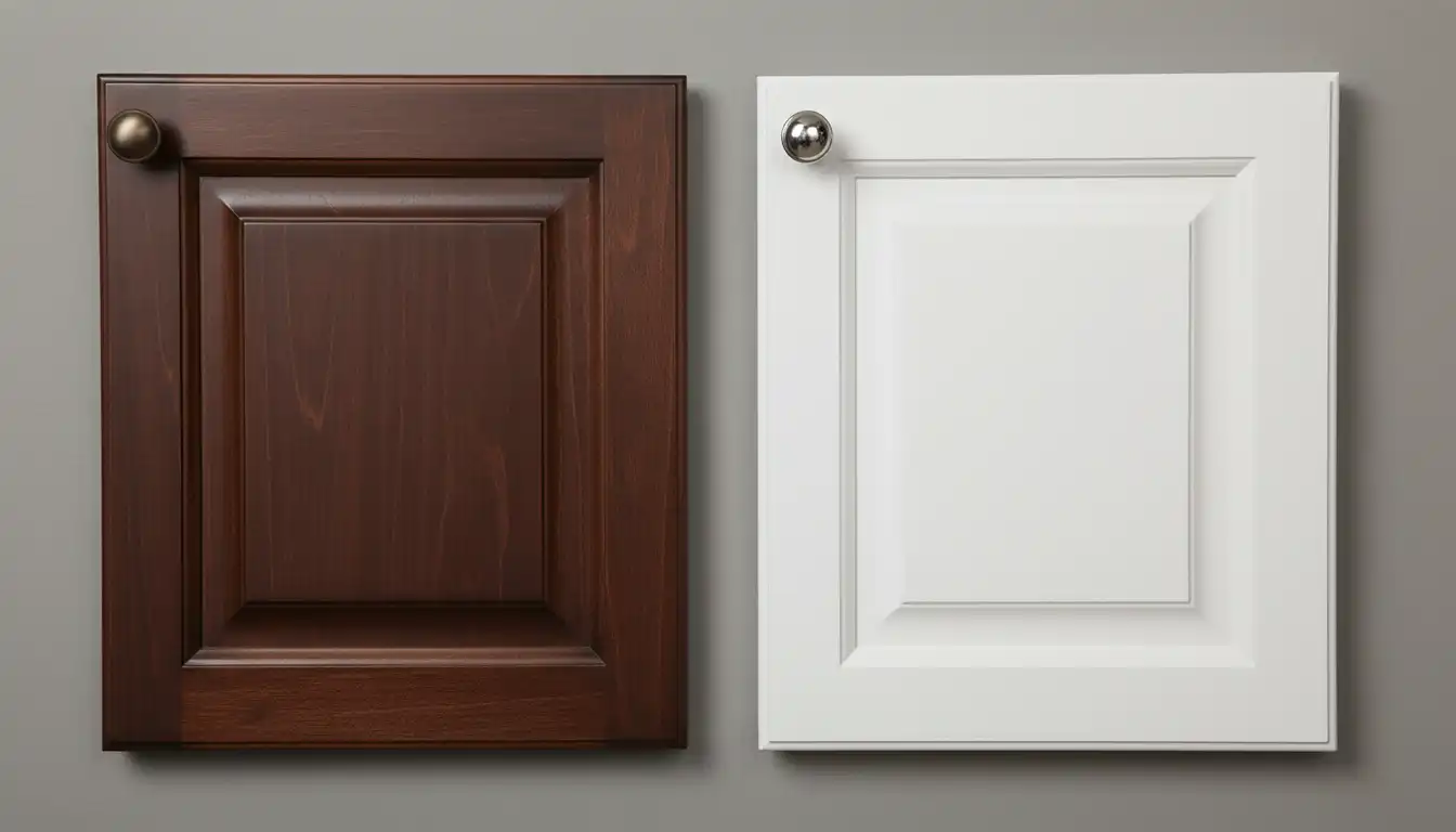 A side-by-side comparison of a dark wood Schuler cabinet door and a white Kraftmaid cabinet door.