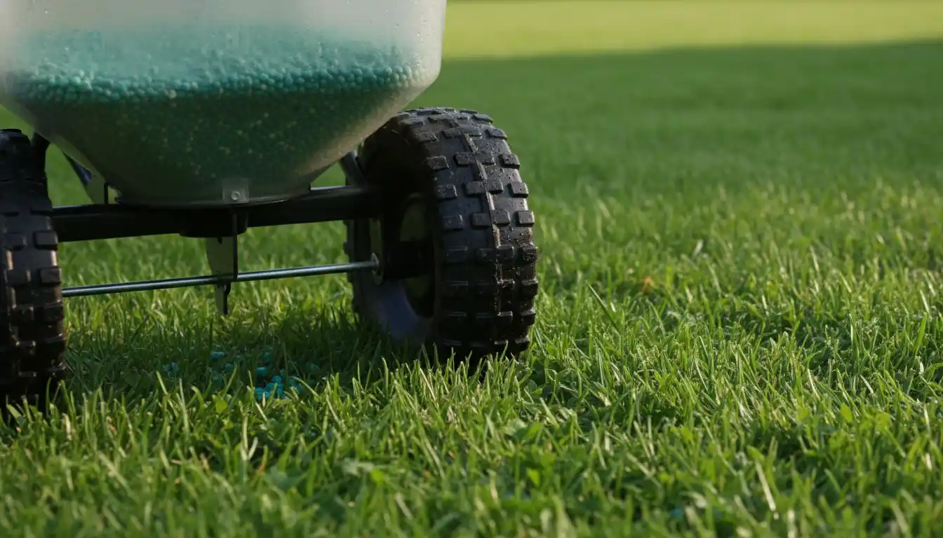 Close-up of a drop spreader's wheel and hopper mechanism resting on a vibrant green lawn.