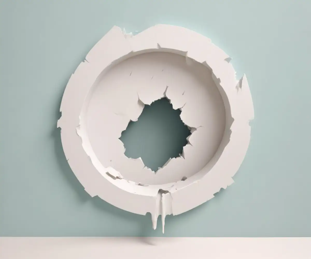 Close-up of a small hole chewed through a white drywall wall.