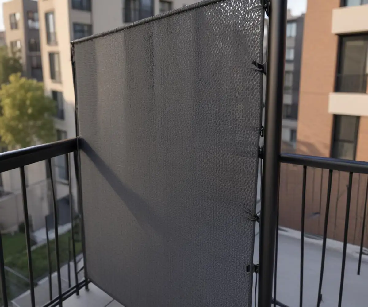 A close-up of a dark gray, woven mesh privacy screen attached to the black metal railing of an apartment balcony with zip ties.
