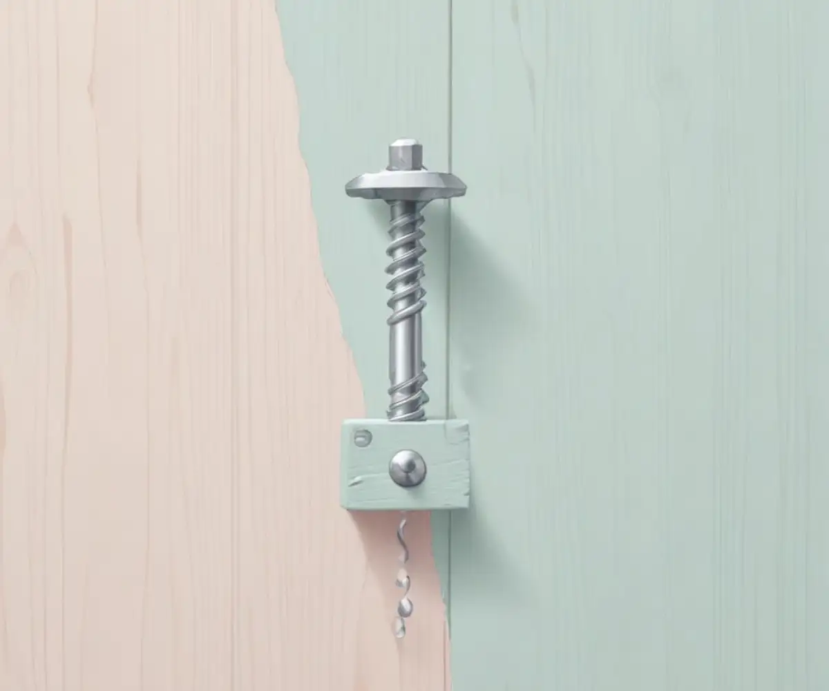 Close-up of a silver self-drilling screw being driven into a vertical wooden wall stud.