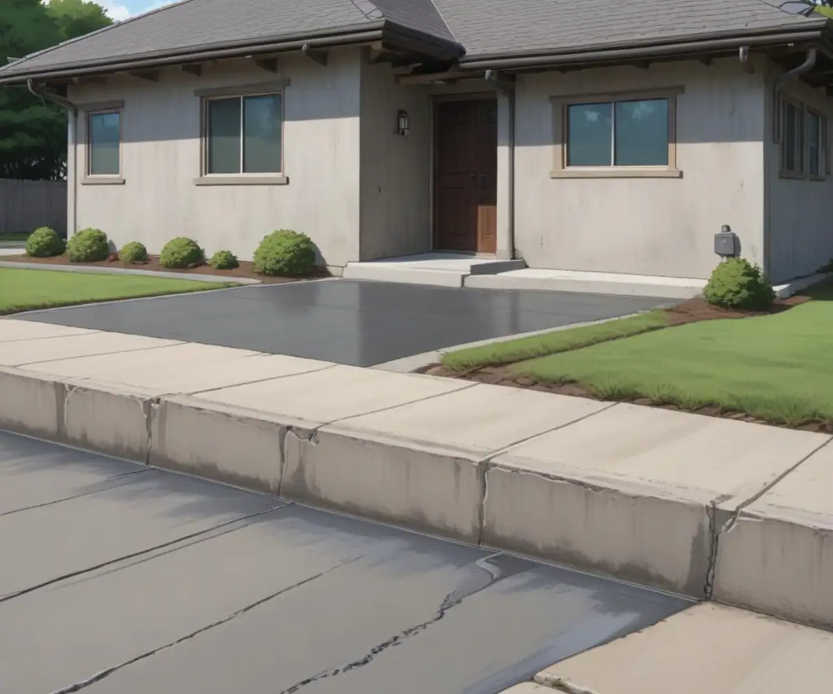 A gray concrete driveway expansion joint filled with dark flexible sealant adjacent to a home's concrete foundation.