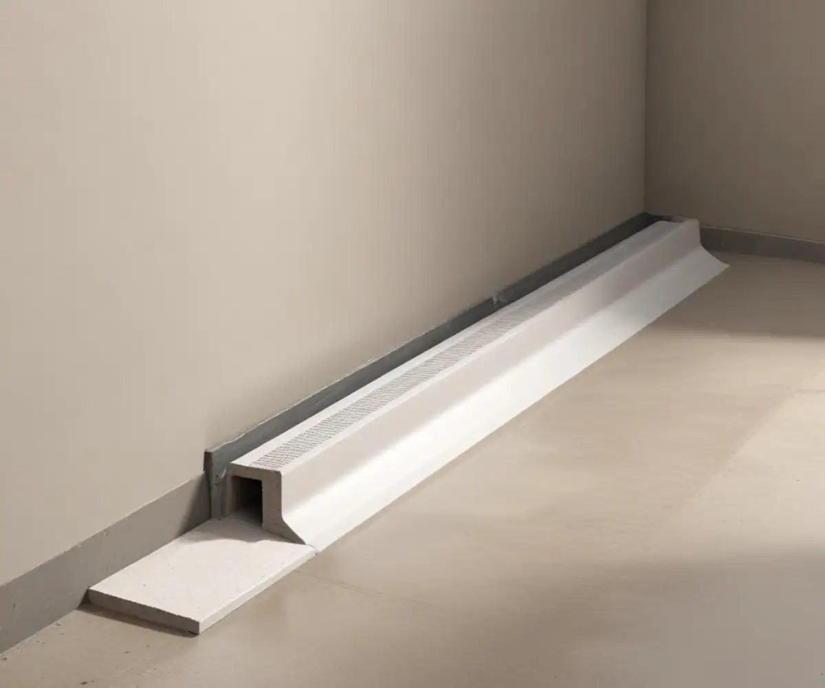 A hollow white baseboard waterproofing channel installed at the joint of a concrete basement floor and wall.