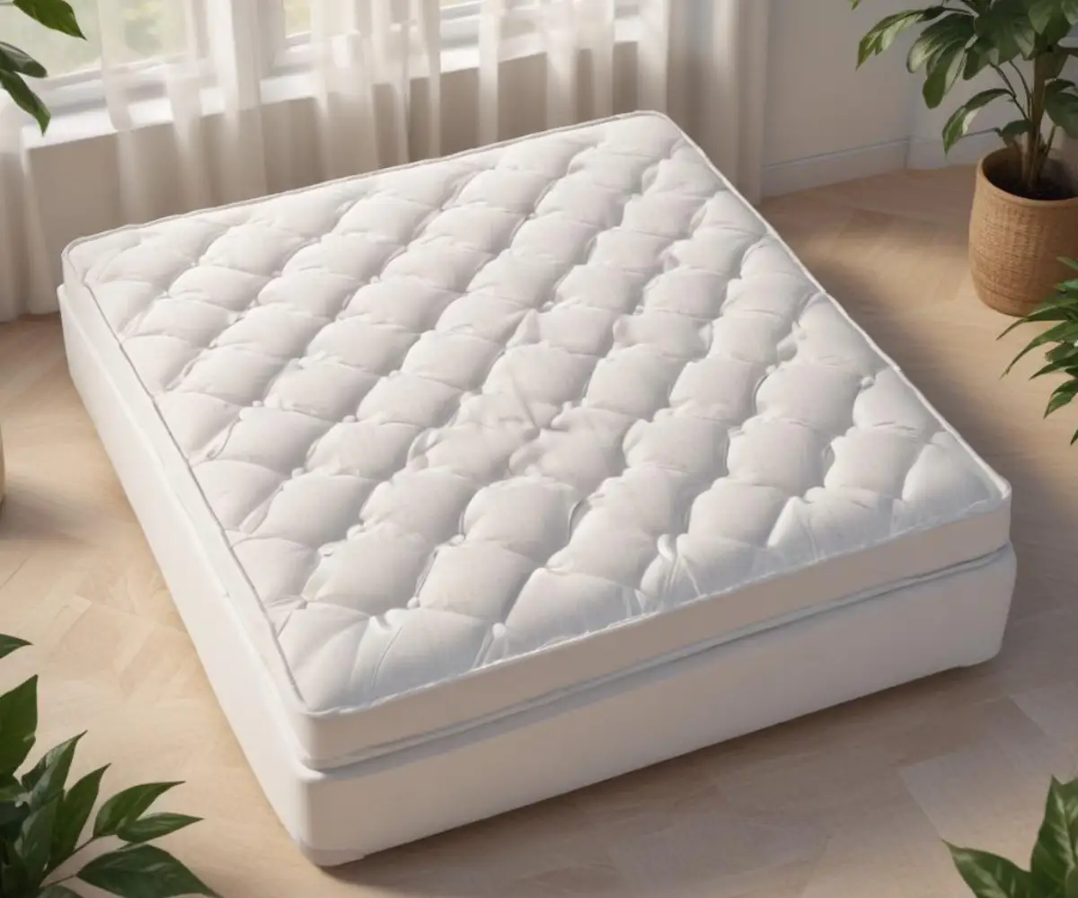 Close-up of a white mattress with a textured, quilted top pattern.