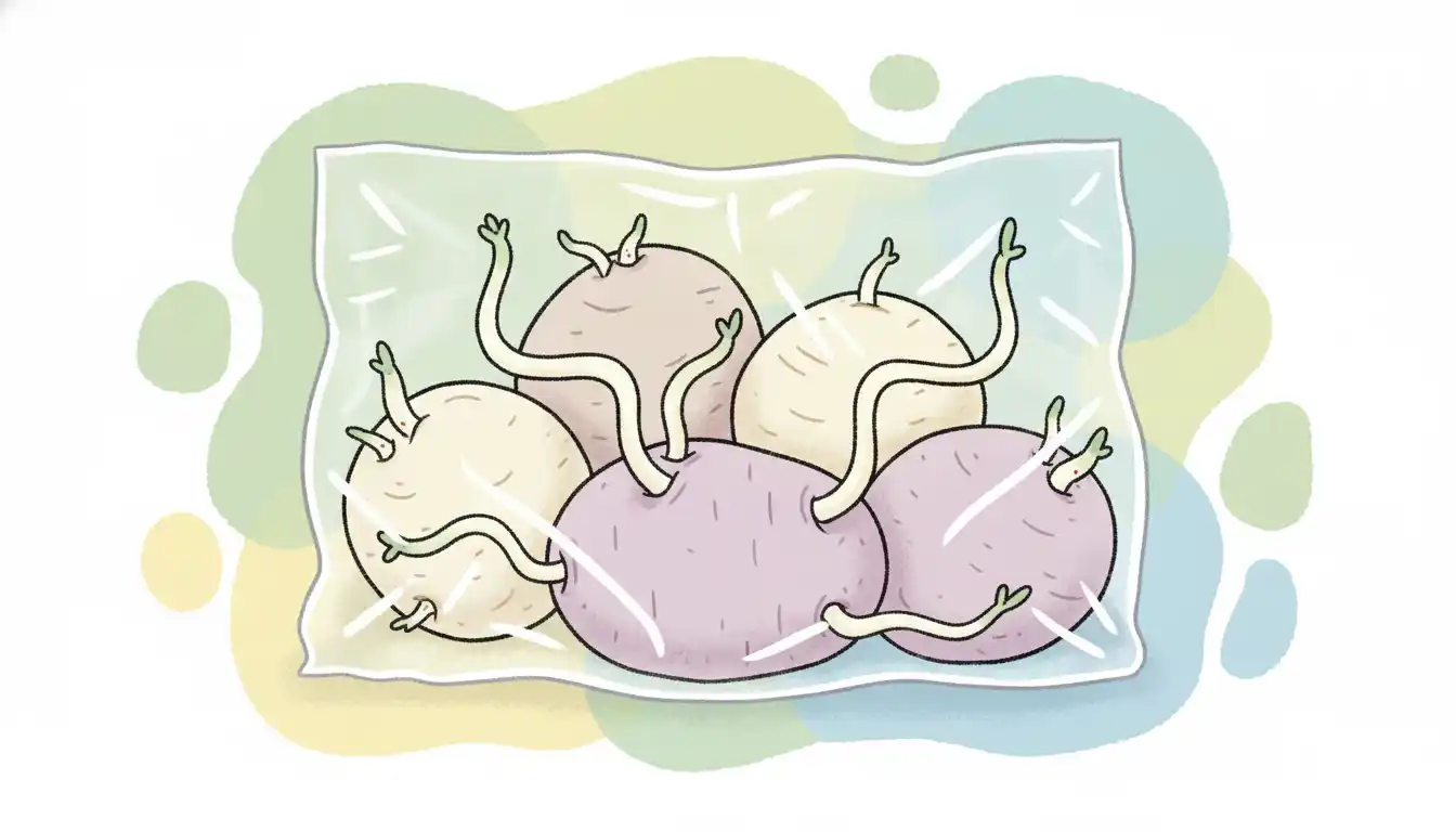 White and purple seed potatoes with long white sprouts emerging from the eyes inside a clear plastic bag.