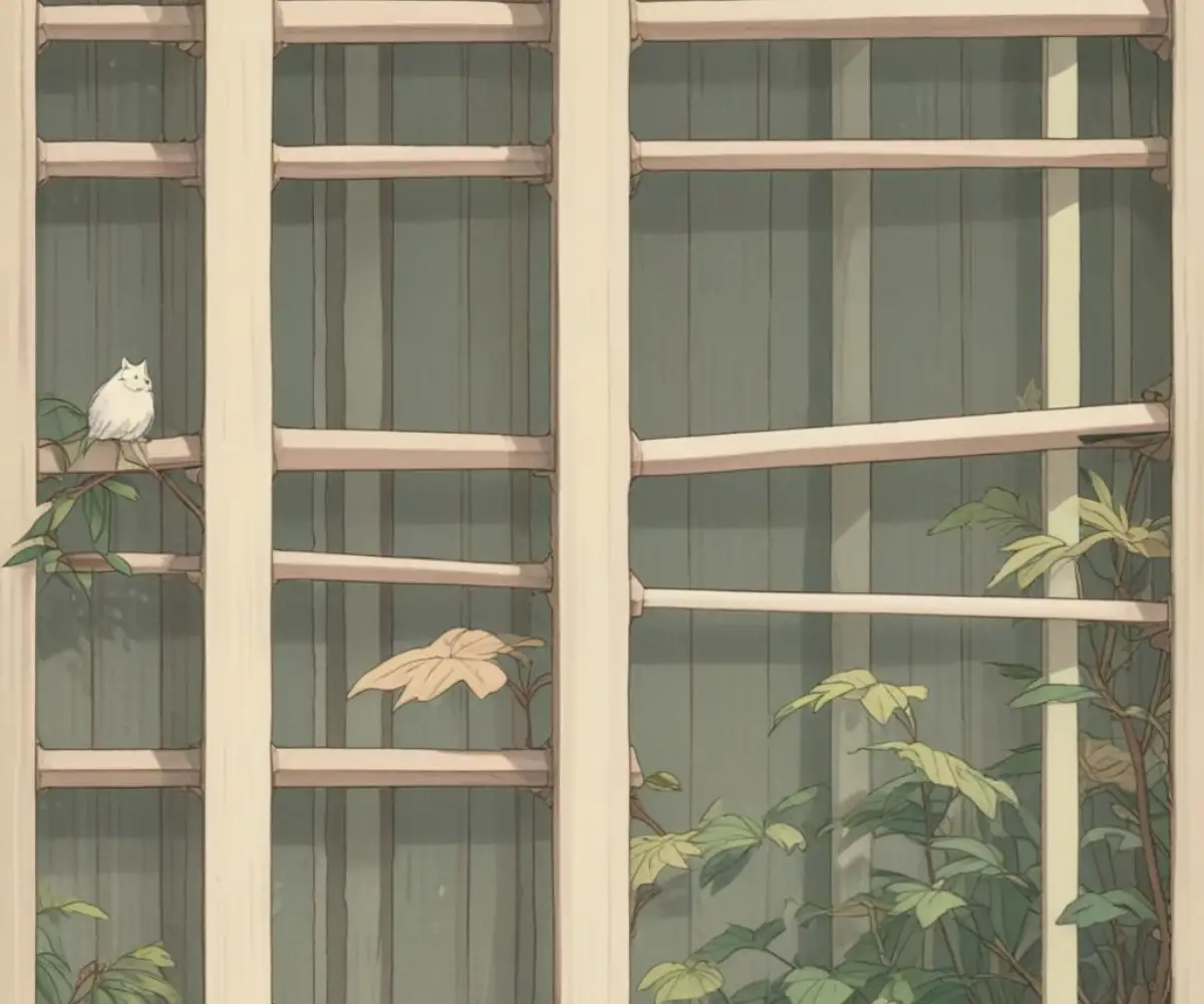 Close-up view of neutral-colored fabric window blind slats.