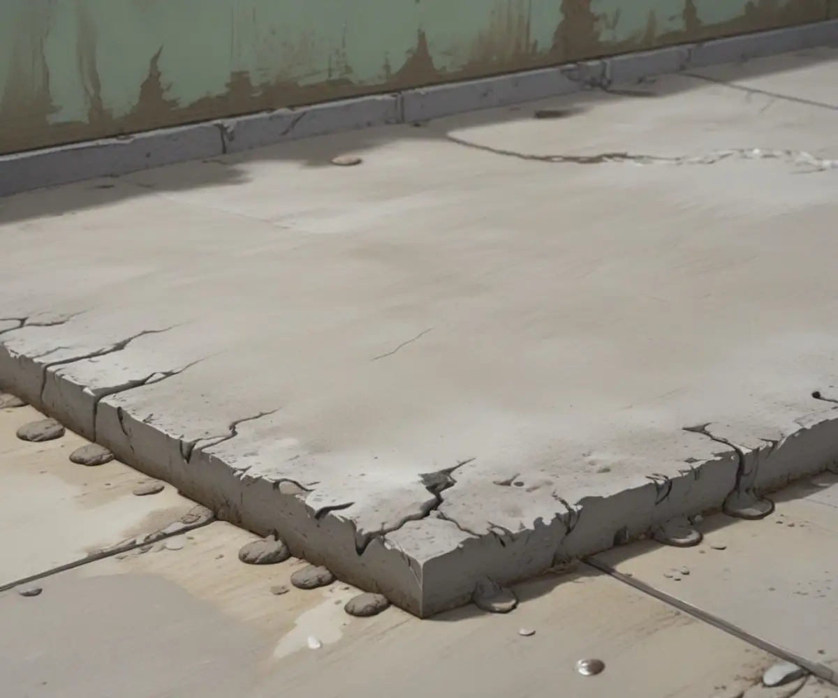 A close-up of a gray, uneven, and bumpy self-leveling compound applied to a concrete subfloor.