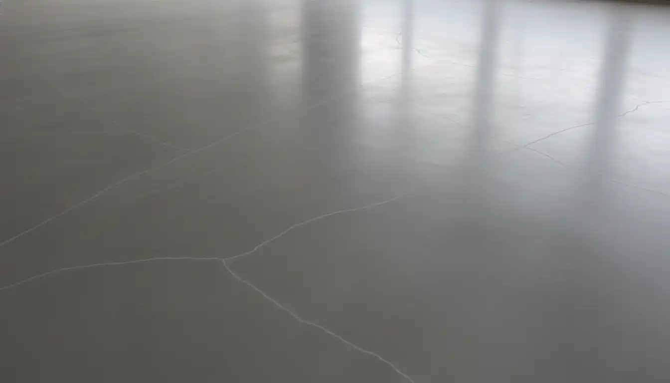 A smooth, gray self-leveling concrete floor showing subtle pour lines dividing it into sections under even lighting.