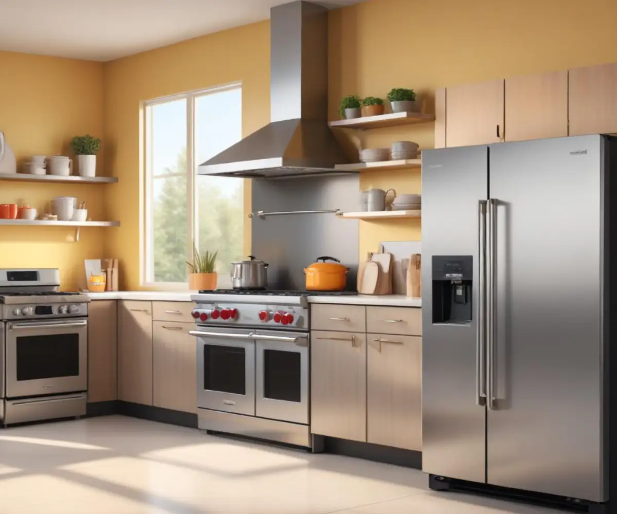 A row of new stainless steel kitchen appliances in a brightly lit showroom.