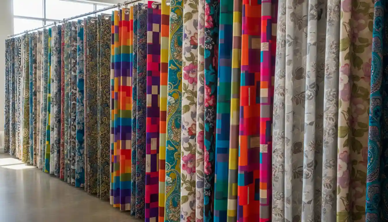 A variety of colorful fabric curtains with different patterns hanging on display rods.