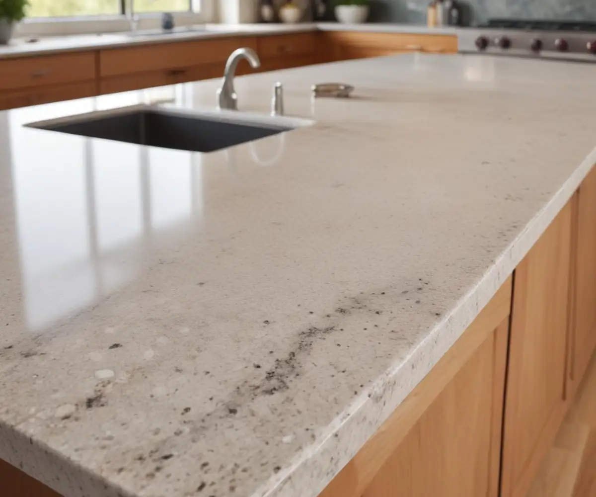 A close-up view of a dark stain marring the polished surface of a light-colored granite countertop.