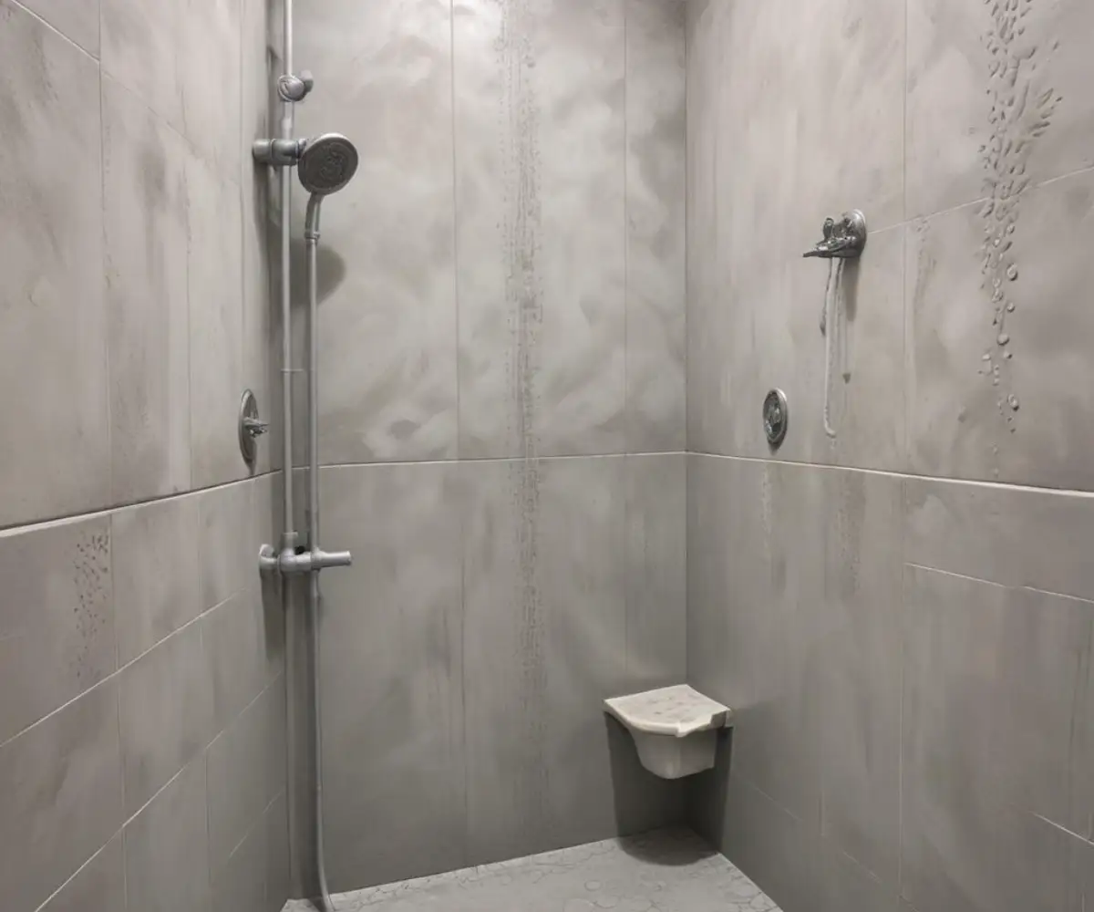 Gray cement foam board installed on the walls of a shower stall before tiling.