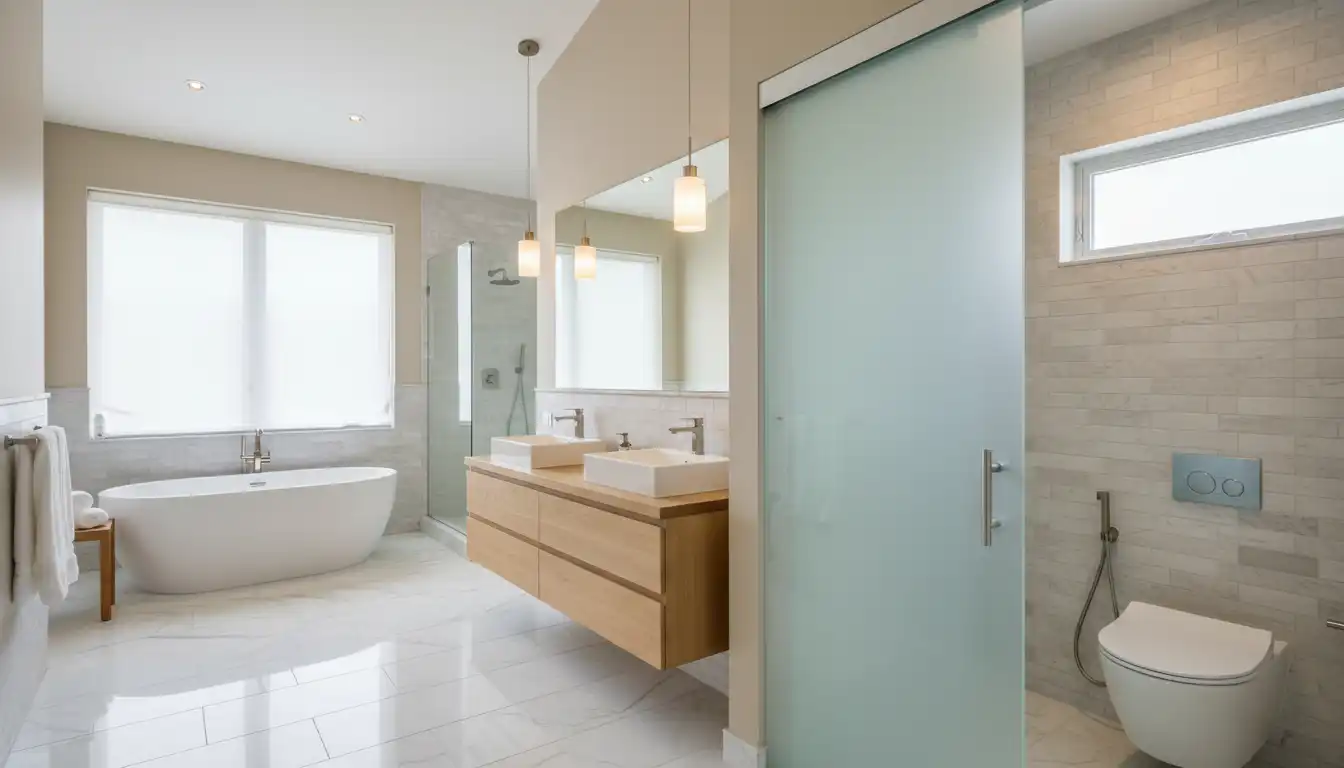 Bright master bathroom with a frosted glass door leading to a separate, enclosed toilet room with neutral tiled walls.