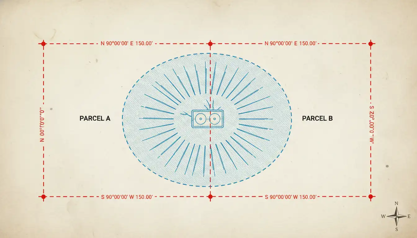 A diagram showing a septic system easement area overlapping two adjacent property lines on a survey map.
