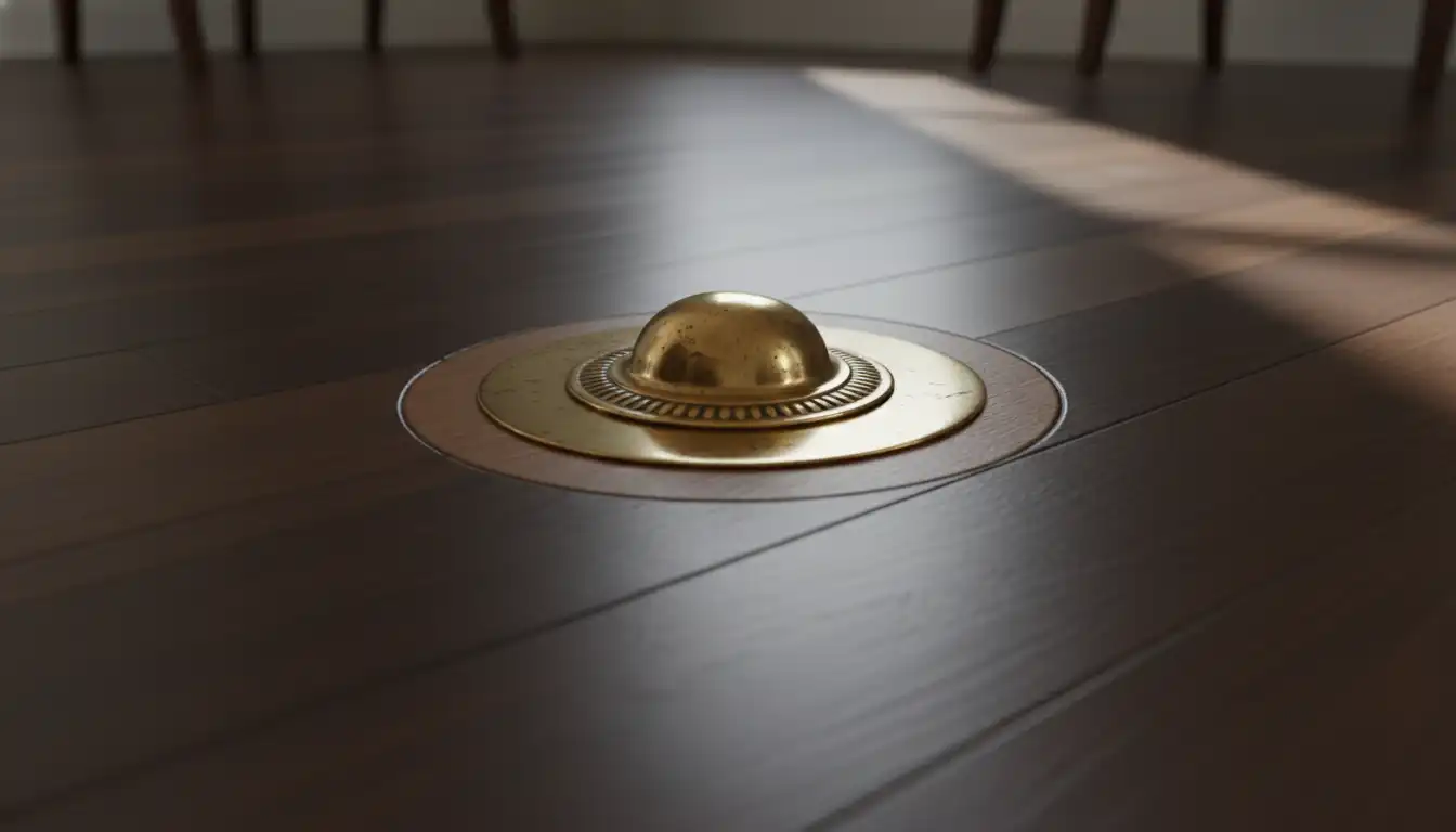 An antique brass servant call button inset into a dark hardwood dining room floor.