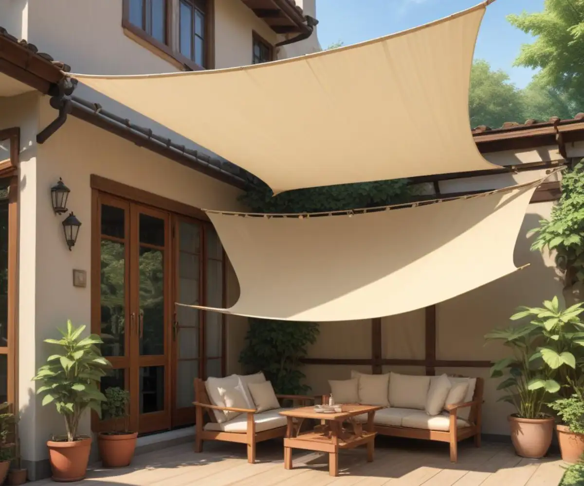 A beige retractable sail shade extended over an outdoor patio with a wooden pergola structure.