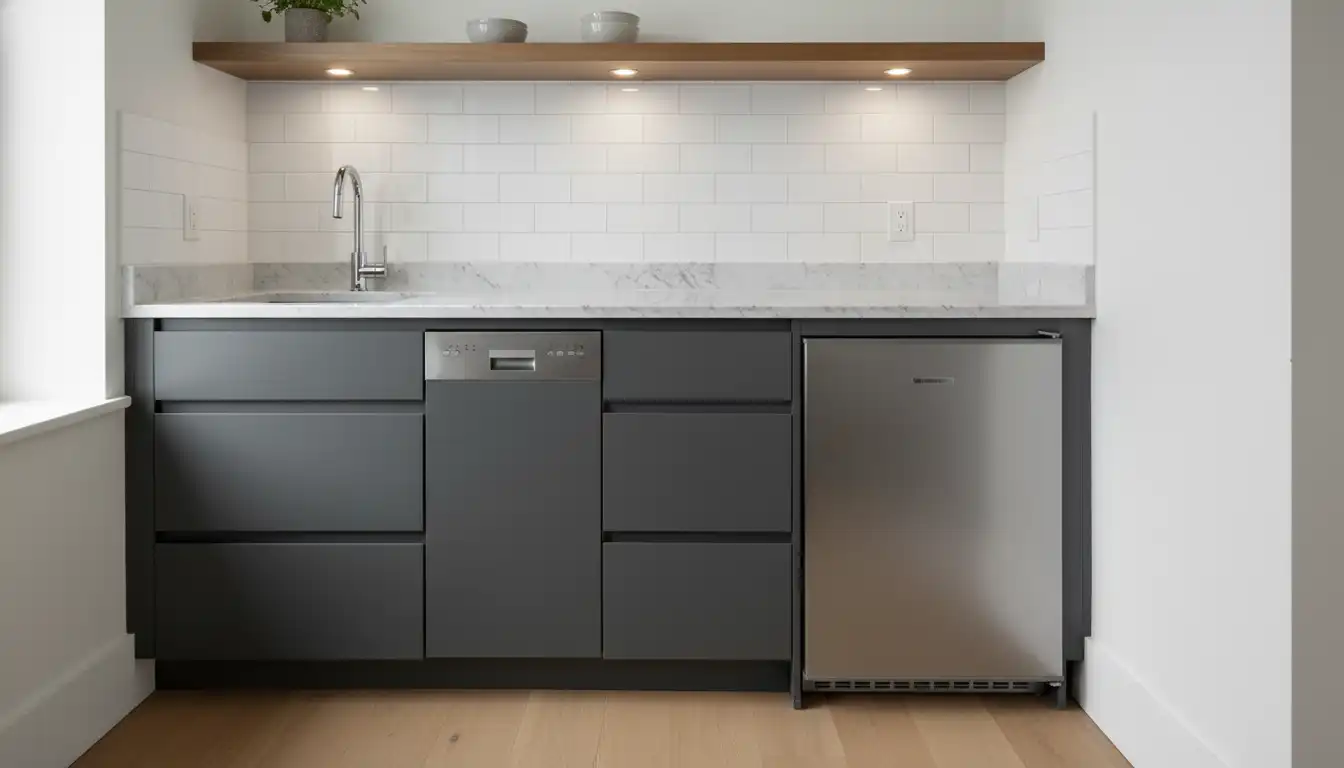 A narrow, white marble shallow depth countertop installed on grey kitchen cabinets to maximize space in a small kitchen.