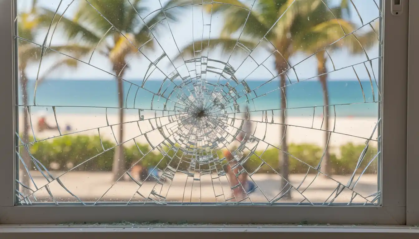 A close-up view of a shattered sliding glass door showing the intricate web of cracks in the tempered safety glass.
