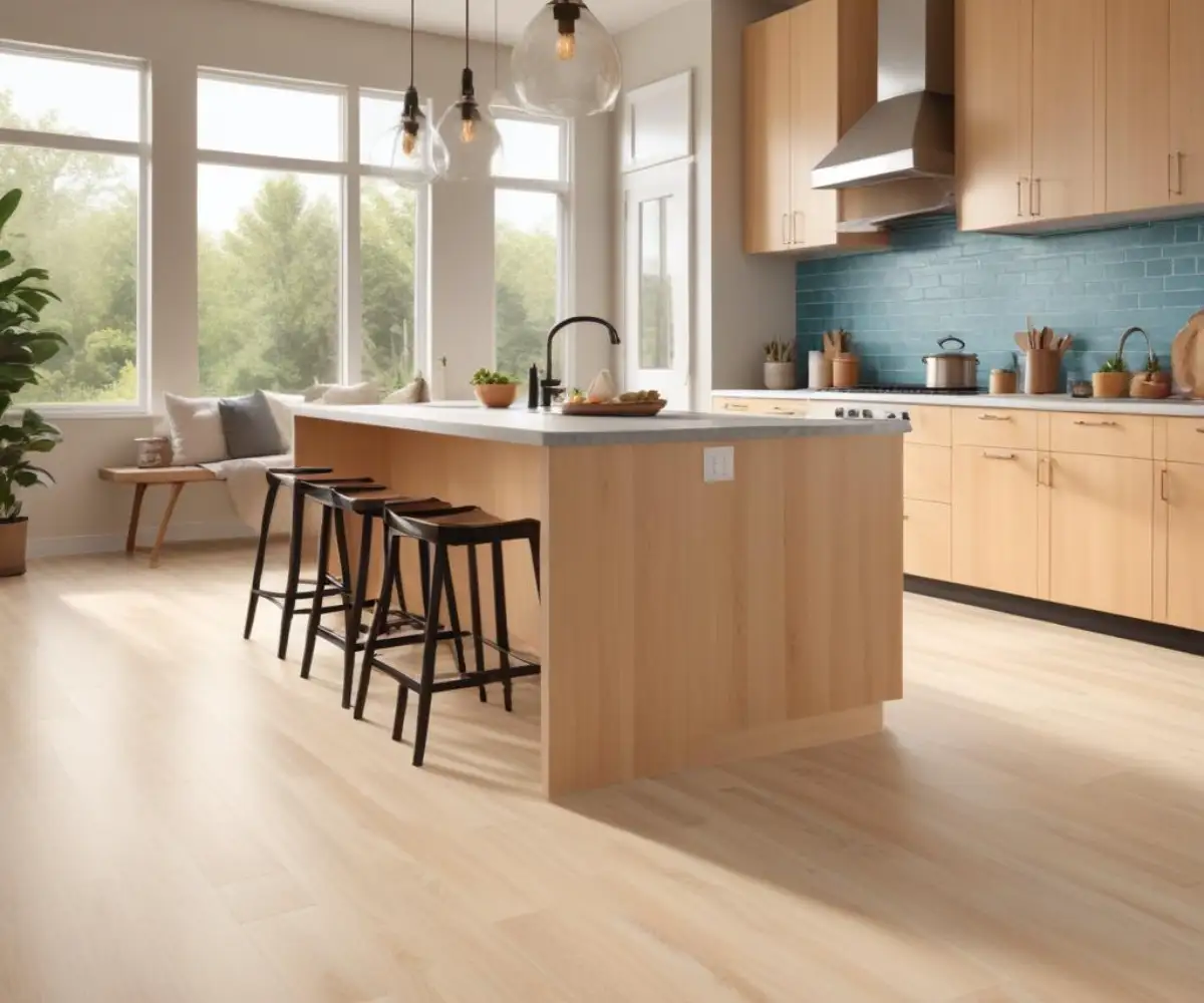 Light wood-look luxury vinyl plank flooring installed in a brightly lit residential kitchen.
