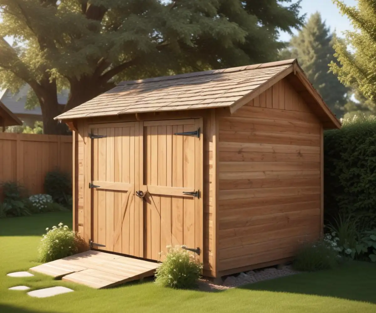 A wooden storage shed with a gabled roof resting on two wooden skids in a grassy backyard.