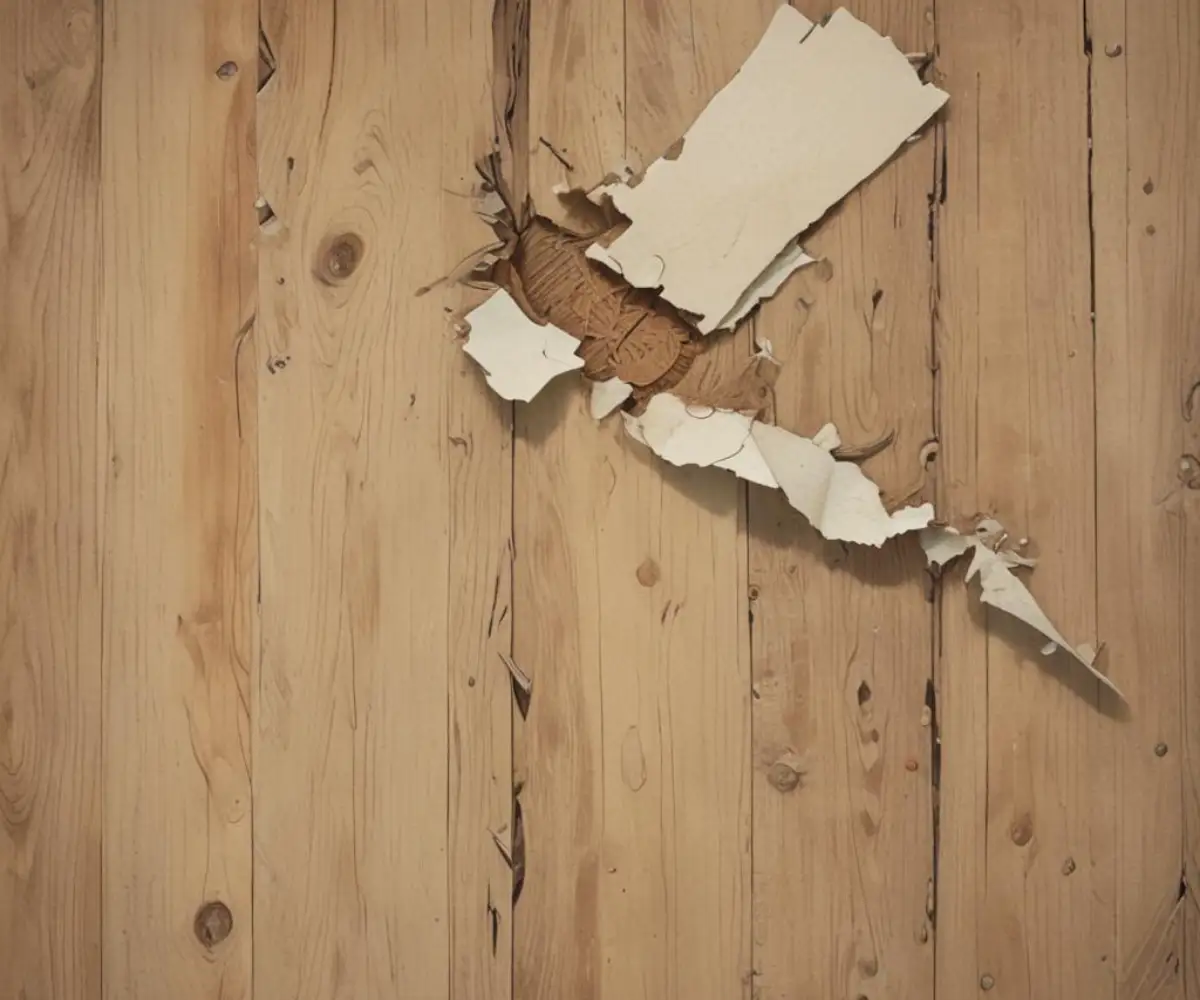 Close-up of torn sheet vinyl flooring exposing a fibrous paper backing