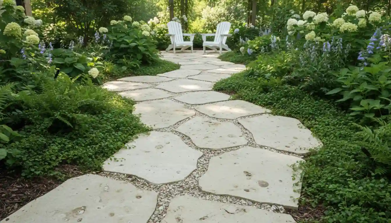 A newly installed patio walkway constructed with light-colored, textured shell stone pavers surrounded by lush green landscaping.