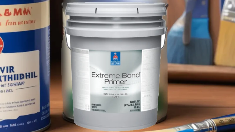 A can of Sherwin-Williams Extreme Bond Primer on a wooden surface next to a paintbrush.