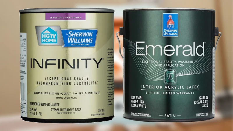 Two cans of interior paint with different labels placed side-by-side on a neutral surface.