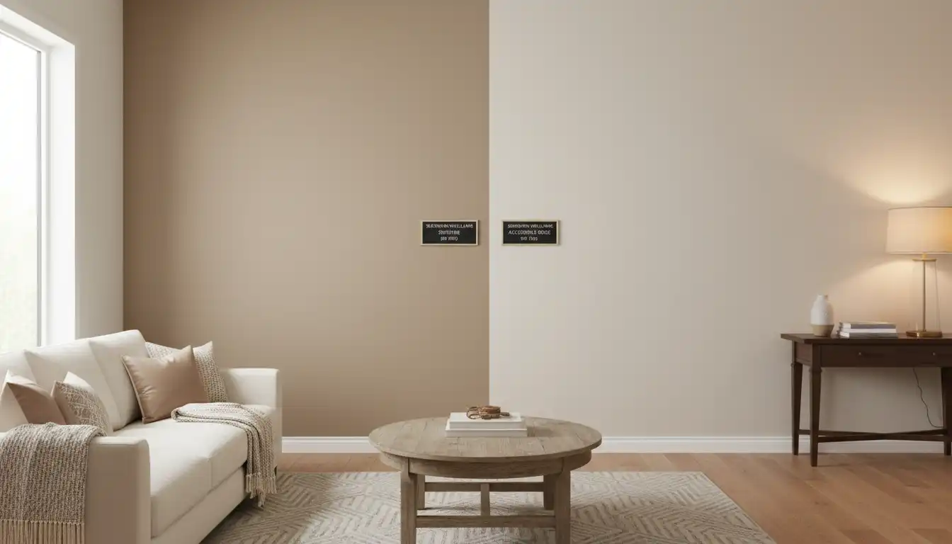 A split-view of a modern living room wall, with one side painted in a warm, earthy greige and the other in a slightly lighter, neutral beige, showing the subtle difference between two popular paint colors under ambient light.