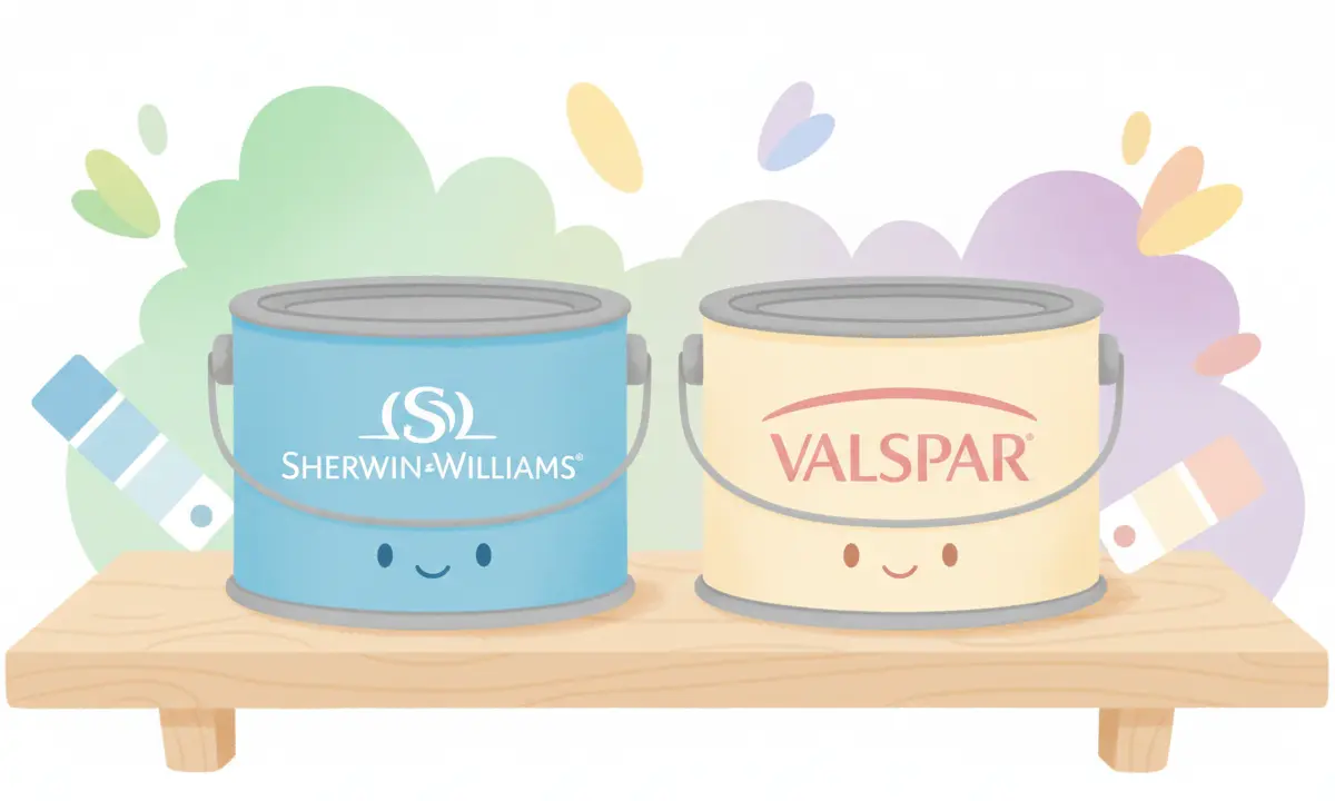 Cans of Sherwin-Williams and Valspar paint side-by-side on a store shelf.