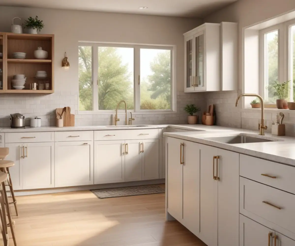 A kitchen featuring elegant Shiloh cabinets with a neutral finish, complemented by sleek countertops and modern hardware.