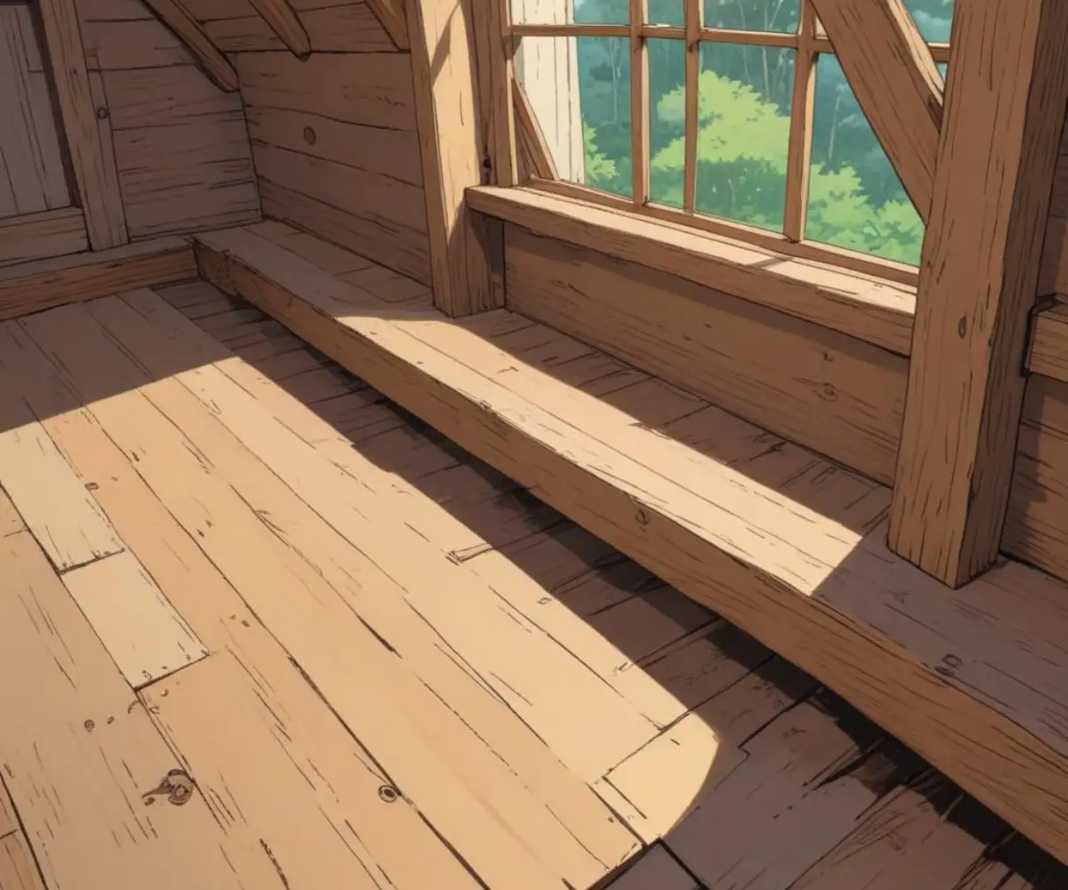 Rough-sawn shiplap planks installed diagonally over wooden floor joists as a structural subfloor.