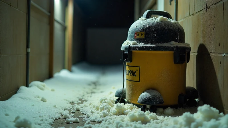 Shop vac hose removing loose-fill blown insulation from an attic floor.