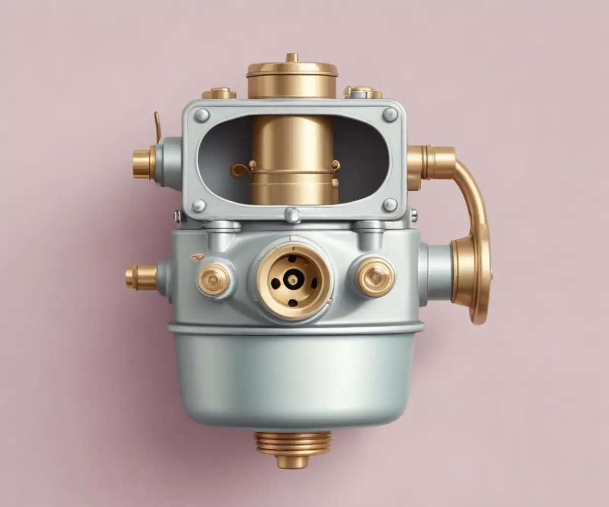 Close-up of a silver metal carburetor bowl with a brass float valve assembly.