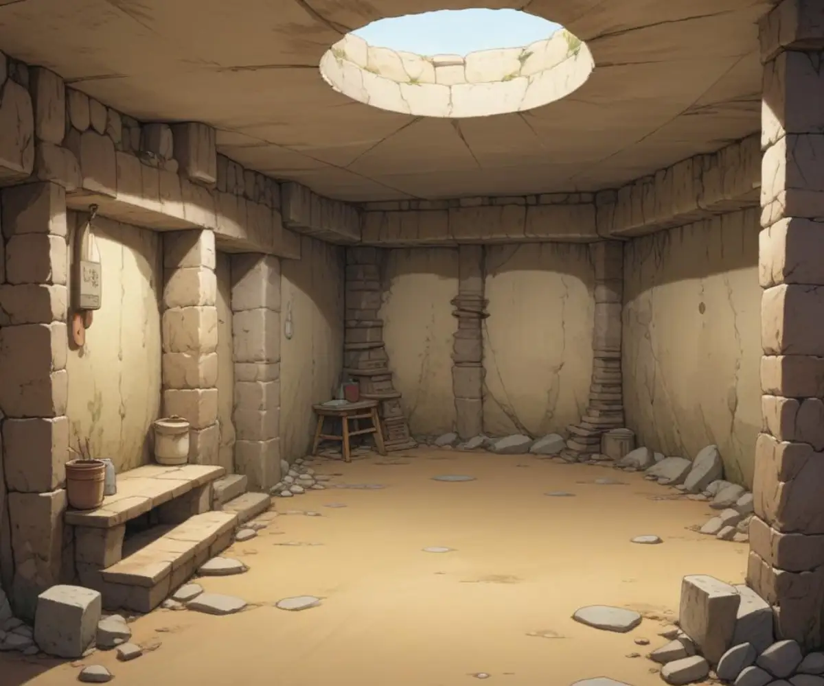 Unfinished basement with an exposed earth floor and stone foundation walls.