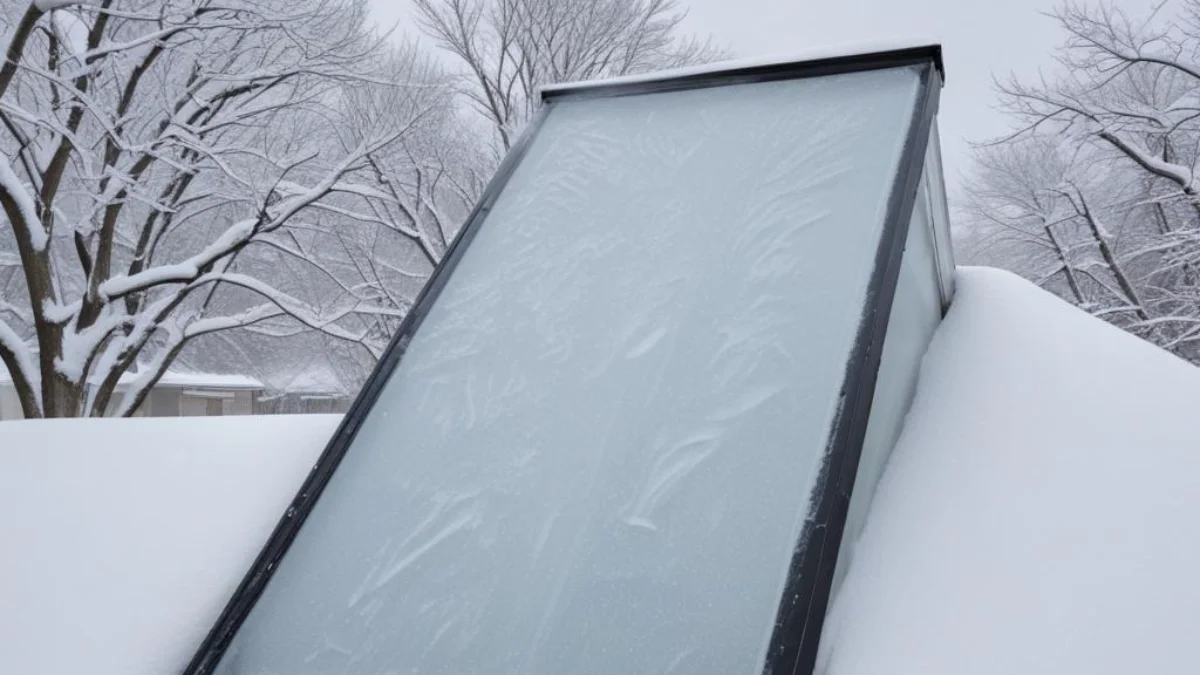 A thick blanket of heavy snow and ice covering a residential skylight.
