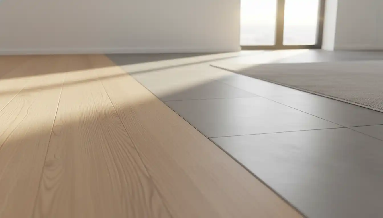 A seamless transition between light wood plank flooring and large format gray floor tiles.
