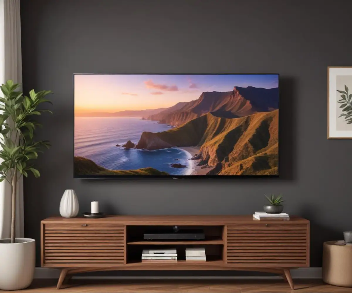 A flat-screen television is mounted on a plain, light-colored wall above a dark wood media console, creating a clean and modern entertainment setup.