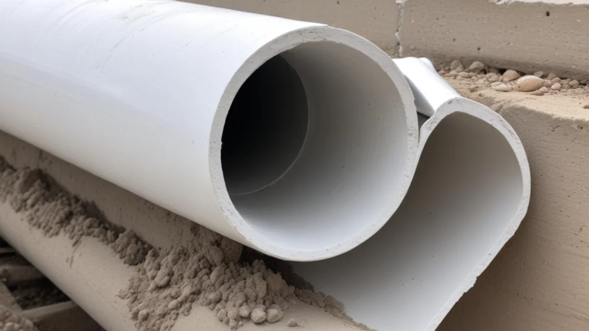 A white PVC pipe cut open to show the solid concrete filling inside.