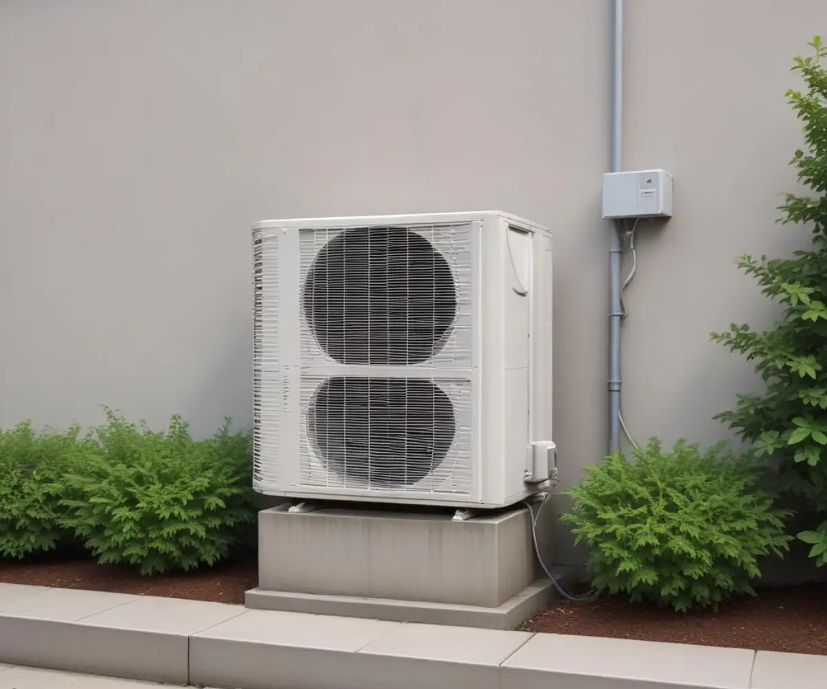 A modern, white central air conditioning unit installed on a concrete slab next to a house with light gray siding.